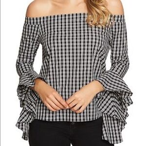 1 State stretch gingham off the shoulder cascade top S
